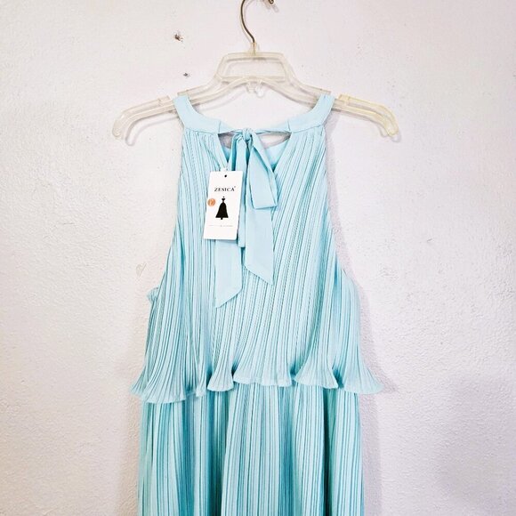 ZESICA Women's Aqua Blue Feminine Halter Neck Midi Dress Size L Tiered Chiffon - Picture 5 of 6